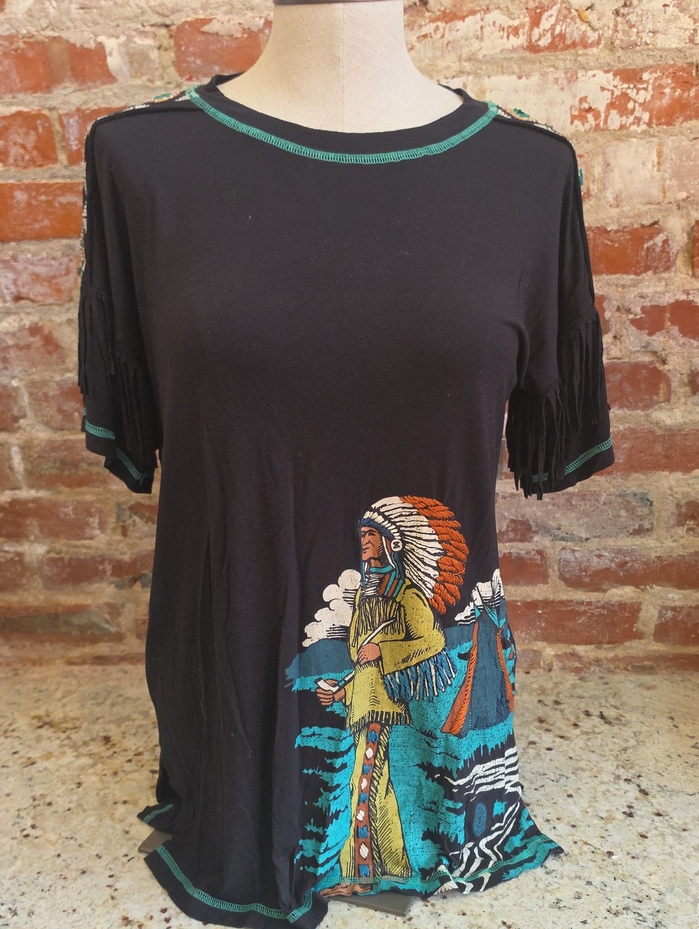 Double D Ranch Black Short Sleeve Fringe Top With Graphic - 1817